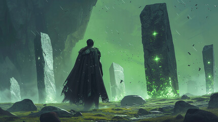 Knight standing among the stones with glowing.