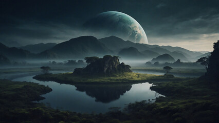 A planet looms large in the sky over a mountainous landscape with a lake in the foreground