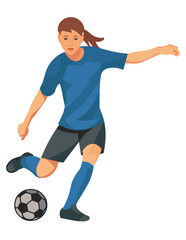 Teenage girl in a blue sports uniform playing women's football and going to kick the ball with her foot