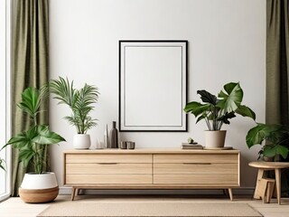 Blank Poster Frame mockup on white wall living room, modern interior with plant, tea Table, White sofa