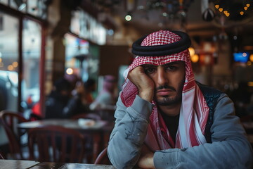 sad young man sitting alone in a restaurant