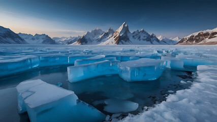 a river of ice with a massive glacier on one side and a moon rising over mountains in the background - Powered by Adobe