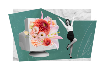 Photo collage artwork minimal picture of funky funny lady celebrating 8 march office isolated drawing background