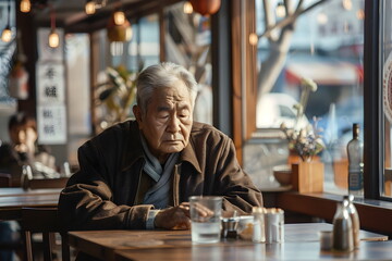 sad old man sitting alone in a restaurant - obrazy, fototapety, plakaty