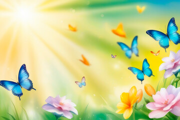 Fluttering butterflies in nature against blue sky.