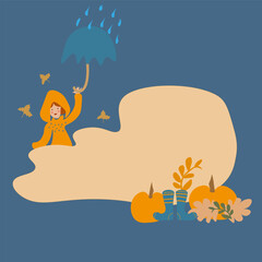 Charming illustration of a joyful girl with an umbrella, playfully enjoying a rainy autumn day, surrounded by colorful foliage and whimsical elements.