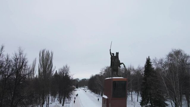 Monument to Vasily Ivanovich Chapaev in the city of Cheboksary. Drone view of the monument to Chapaev