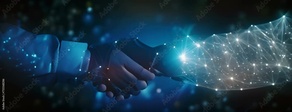 Poster abstract image of business handshake in glowing blue. low polygon, particle, and triangle style desi