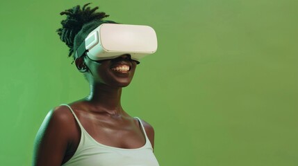 Metaverse Concept. Young black woman in white short sleeve t-shirt wear vr goggles headset watching, playing, touching on green screen background.