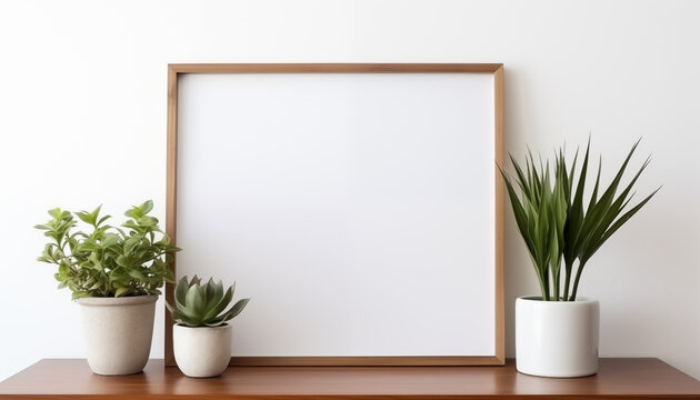empty poster frame mockup on white wall with wooden mesh and small green plant.