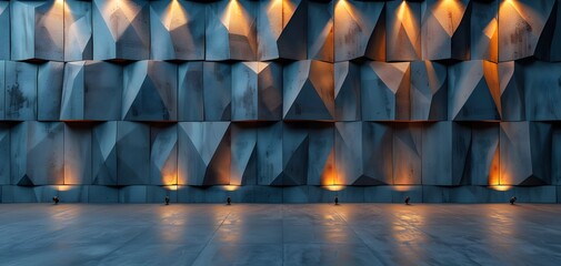 Background wall mosaic of squares and triangles 3D metal silver color with spotlights. The image...