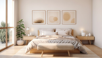 Interior of modern bedroom with white walls, tiled floor, comfortable king size bed with beige linen and wooden bedside table with plants. 3d render