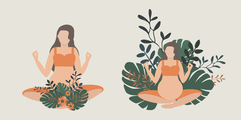 Serene illustration of a pregnant woman meditating among floral elements, embodying calm and prenatal wellness
