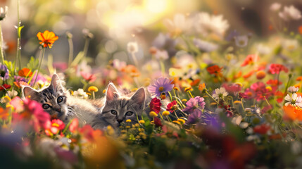  cat lying in flower field	

