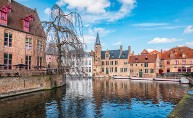 Naklejka premium Travel image of Bruges canal in city center, Belgium. 