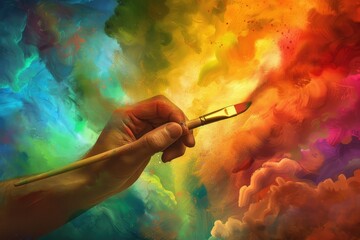 A hand is painting a colorful scene with a brush