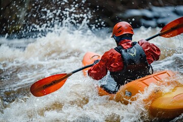 Fototapeta premium A man in a red jacket paddles a yellow kayak in a river