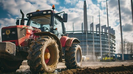 Fototapeta premium A modern agriculture tractor is prominently parked in front of a European Union government building, symbolizing a peaceful but powerful farmer protest against agricultural policies.