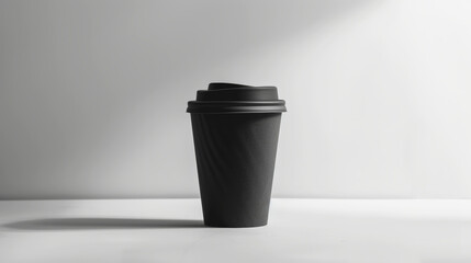 Aesthetic black paper coffee cup with black lid. Light minimalist background with copy space. Take away. Generative AI