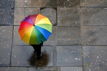 A person is standing under a rainbow umbrella in the rain - obrazy, fototapety, plakaty