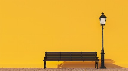 An empty bench with streetlight in front of a yellow wall with copy space. - obrazy, fototapety, plakaty