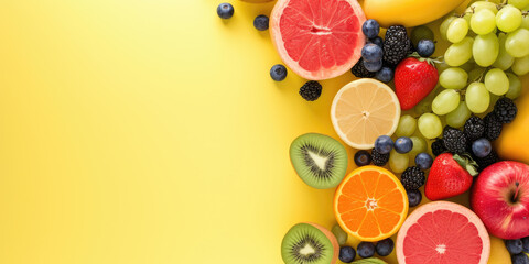 A vibrant selection of fresh fruits arranged on a sunny yellow background.