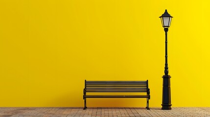 A bench with streetlight in front of a yellow wall. - obrazy, fototapety, plakaty
