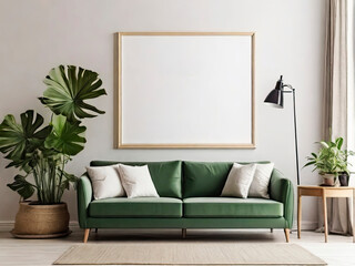 Blank Poster Frame mockup on white wall living room, modern interior with plant, tea Table, White sofa