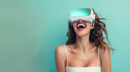 Naklejka premium Young beautiful woman wearing a VR headset and experiencing virtual reality, futuristic technology concept