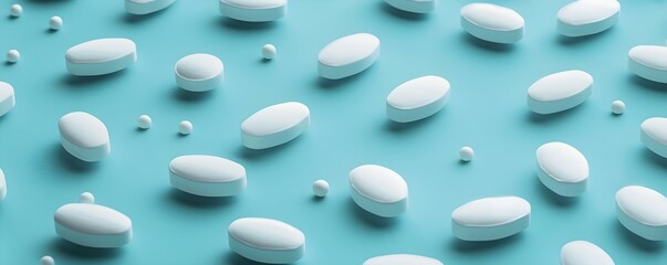 Oval white pills scatter on blue background . Concept Pharmaceuticals, Medication, Oval Pills, Blue Background, Health Care