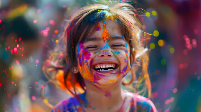 Happy laughing girl with colorful holi paint on her face