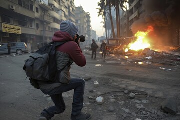Fototapeta premium A man crouches down to take a picture of a fire in the street