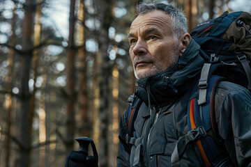 Obraz premium Active Senior Man Hiking Trail,Active elder people, Adventure