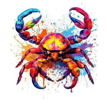 Watercolor Painting of colourful Crab, isolated on a white background, Drawing clipart, Illustration Graphic & Vector.