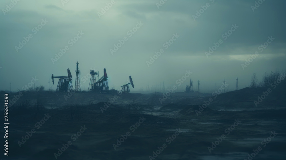 Wall mural oil drill industrial heavy polluted landscape. ecology concept. generative ai