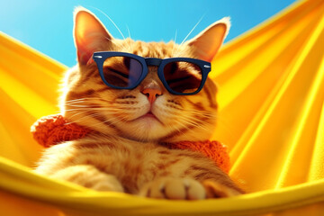 Cute cat in sunglasses lying in hammock on blue sky background. Generative Ai