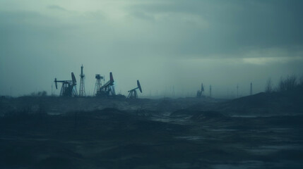 Oil drill industrial heavy polluted landscape. Ecology concept. Generative AI