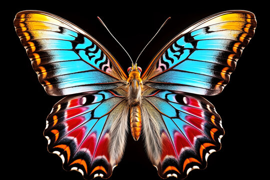 Butterfly in fancy color on black background. Generative Ai