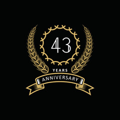 43st anniversary logo with gold and white frame and color. on black background