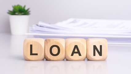 wooden cubes with the text LOAN on a light gray background. emphasizing information management and business operations