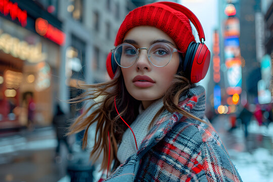 Urban Trendsetter: Stylish Woman Wearing Checkered Clothes and Red Headphones in the City