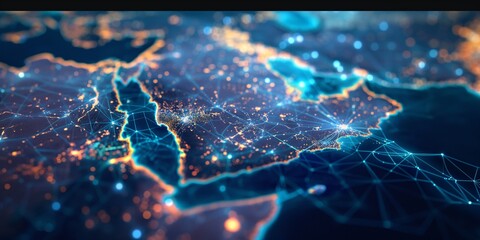 Saudi Arabia on an abstract map, the Middle East and North Africa, the idea of connectivity and the global network,