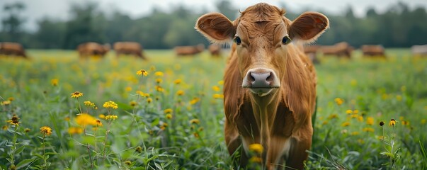 Content farm animals thrive in open fields . Concept Open fields, Sustainable farming, Livestock welfare, Grazing animals, Healthy habitats, - obrazy, fototapety, plakaty
