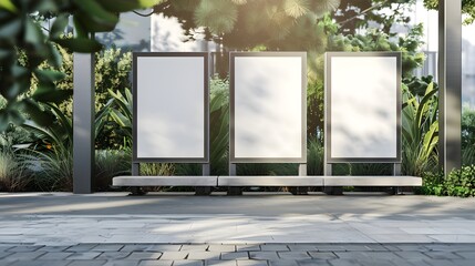 Blank whiteboard advertising stands billboard. outdoor side by side. front view. copy space, mockup product. - obrazy, fototapety, plakaty