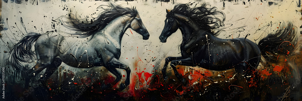 Wall mural Detailed painting of modern abstract art, with metal elements, texture background, and animals and horses.