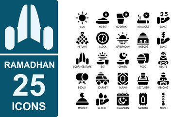 ramadan islamic icon set.solid black.vector illustration