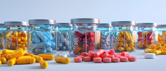 Close-up of assorted pharmaceutical pills and capsules in blister packs
