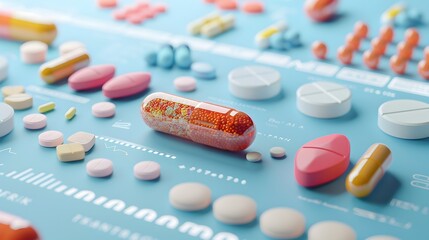 Closeup of assorted pills and capsules, some in blister packs, for various medical treatments - obrazy, fototapety, plakaty
