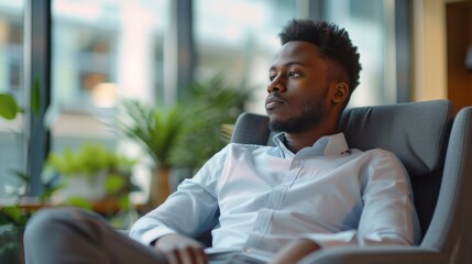 Creating idea. Pensive biracial businessman sit in cozy ergonomic armchair by window of corporate office look at distance. Young black guy team leader think on business vision strategy plan