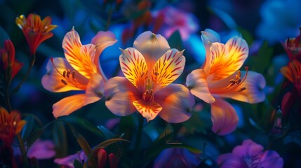 of composition of blossoming flowers with gentle petals of various bright colors and stamens - obrazy, fototapety, plakaty